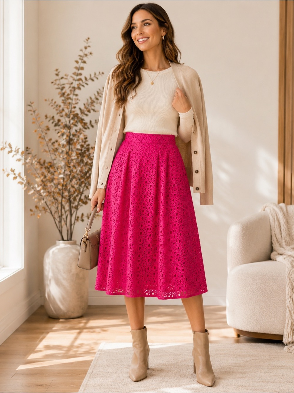 Halogen Nordstrom Pink Eyelet Midi Skirt Size 2 A Line Lined Feminine